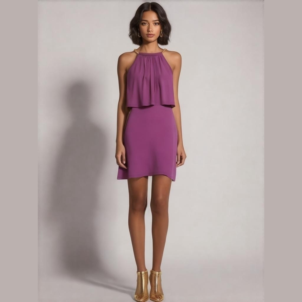 Jessica Simpson Purple Flowy Halter Mini Dress with Gold Accents